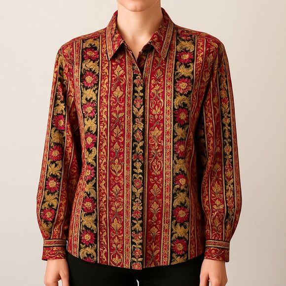 Christie & Jill Vintage Blouse XL Baroque Floral Scroll Print Button Down Shirt - Picture 1 of 8